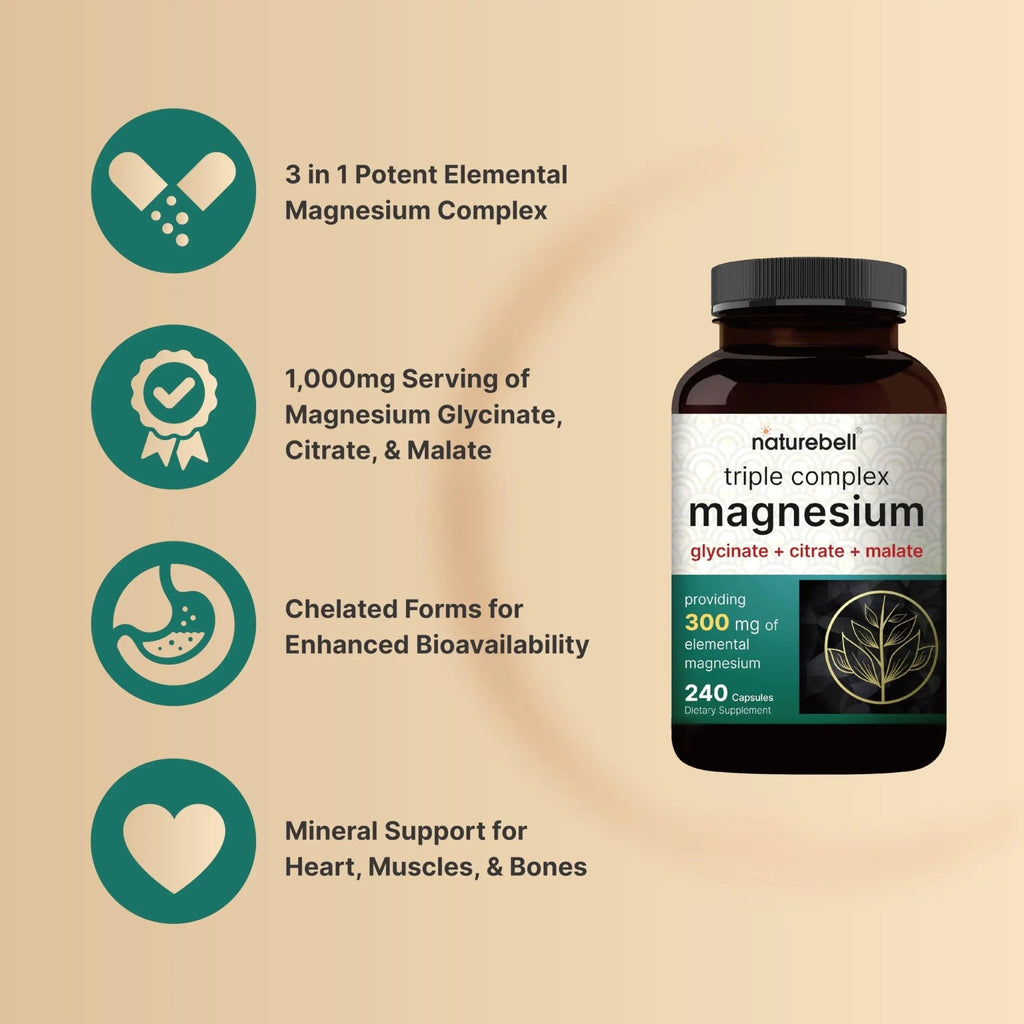 Triple Complex Magnesium Supplement, 240 Capsules | Magnesium Glycinate 500mg - TrustMedUSA