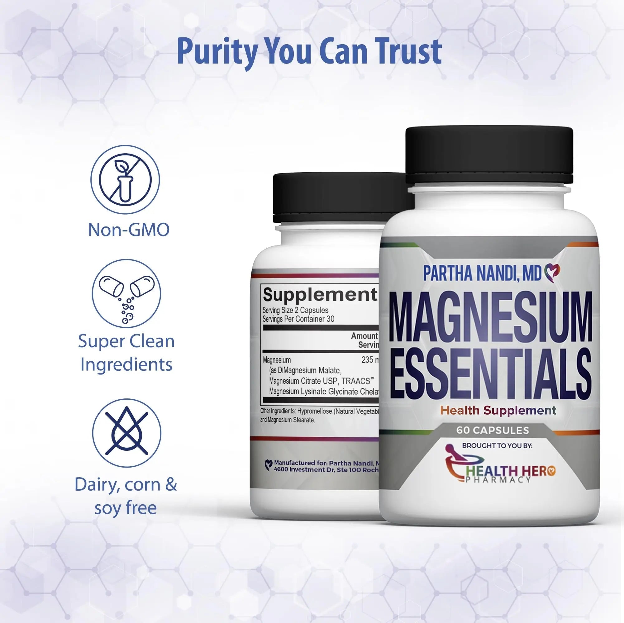 Triple Magnesium Citrate, Malate & Glycinate Complex Supplement – Supports Sleep, Stress, Muscle, Nerve & Heart Health – Advanced High-Absorption Formula – 235mg – 60 Capsules - TrustMedUSA