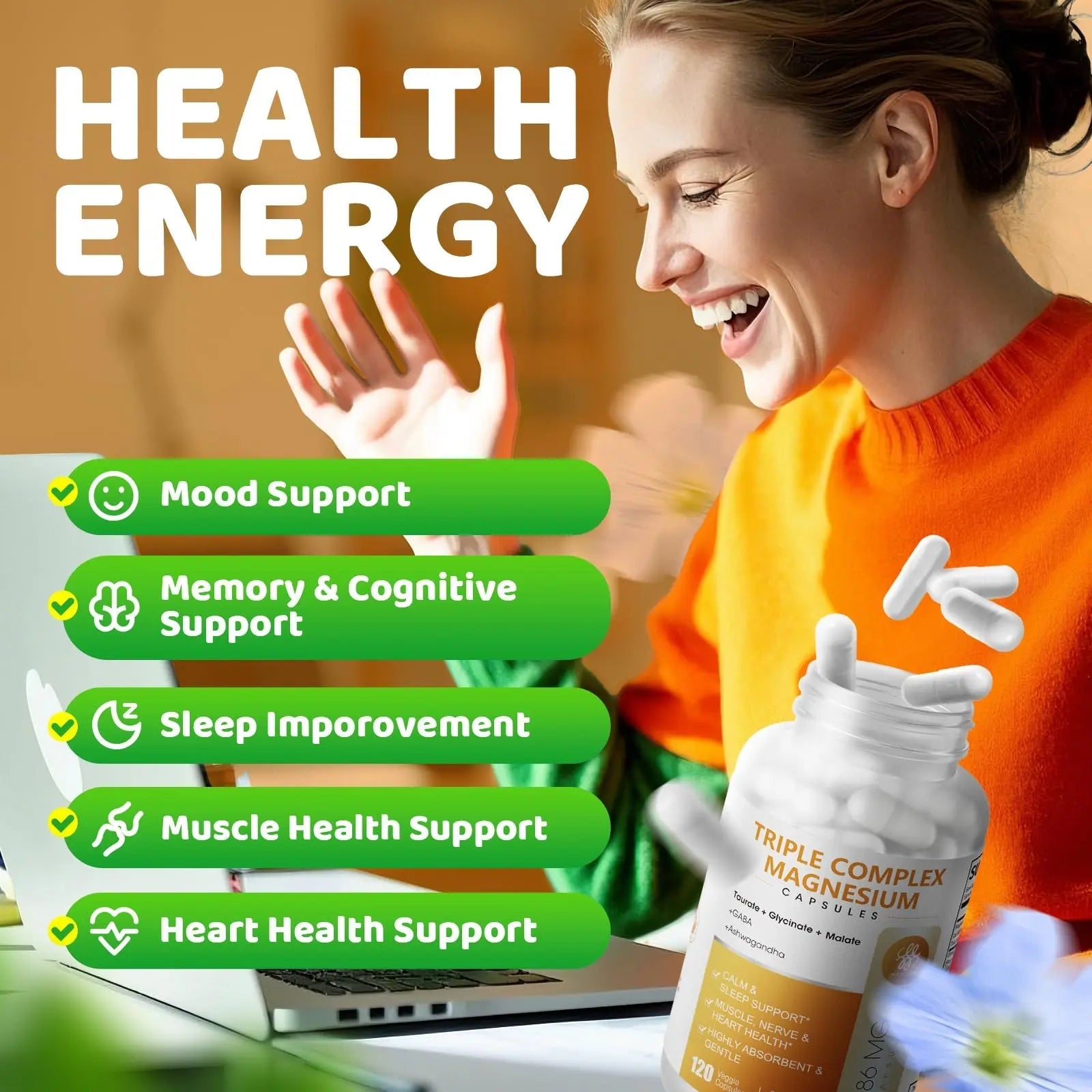 Triple Magnesium Complex - Magnesium Glycinate, Taurate & Malate Supplement with Omega3, Ashwagandha, GABA for Sleep, Brain Heart & Muscle Support - High Absorption and Gentle, Vegan, 120 Capsules - TrustMedUSA