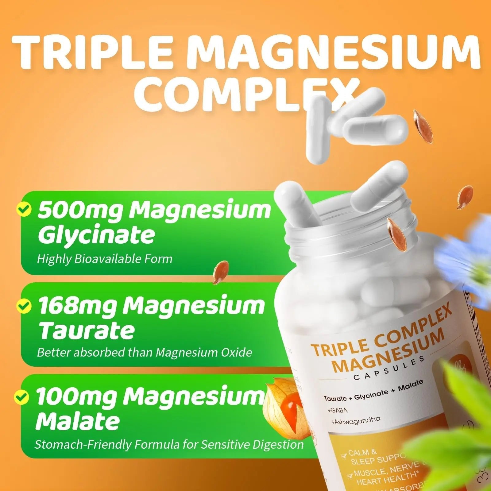Triple Magnesium Complex - Magnesium Glycinate, Taurate & Malate Supplement with Omega3, Ashwagandha, GABA for Sleep, Brain Heart & Muscle Support - High Absorption and Gentle, Vegan, 120 Capsules - TrustMedUSA
