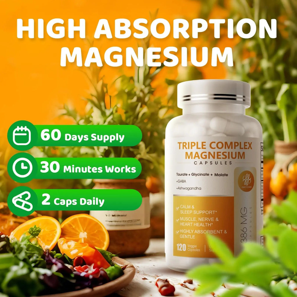 Triple Magnesium Complex - Magnesium Glycinate, Taurate & Malate Supplement with Omega3, Ashwagandha, GABA for Sleep, Brain Heart & Muscle Support - High Absorption and Gentle, Vegan, 120 Capsules - TrustMedUSA