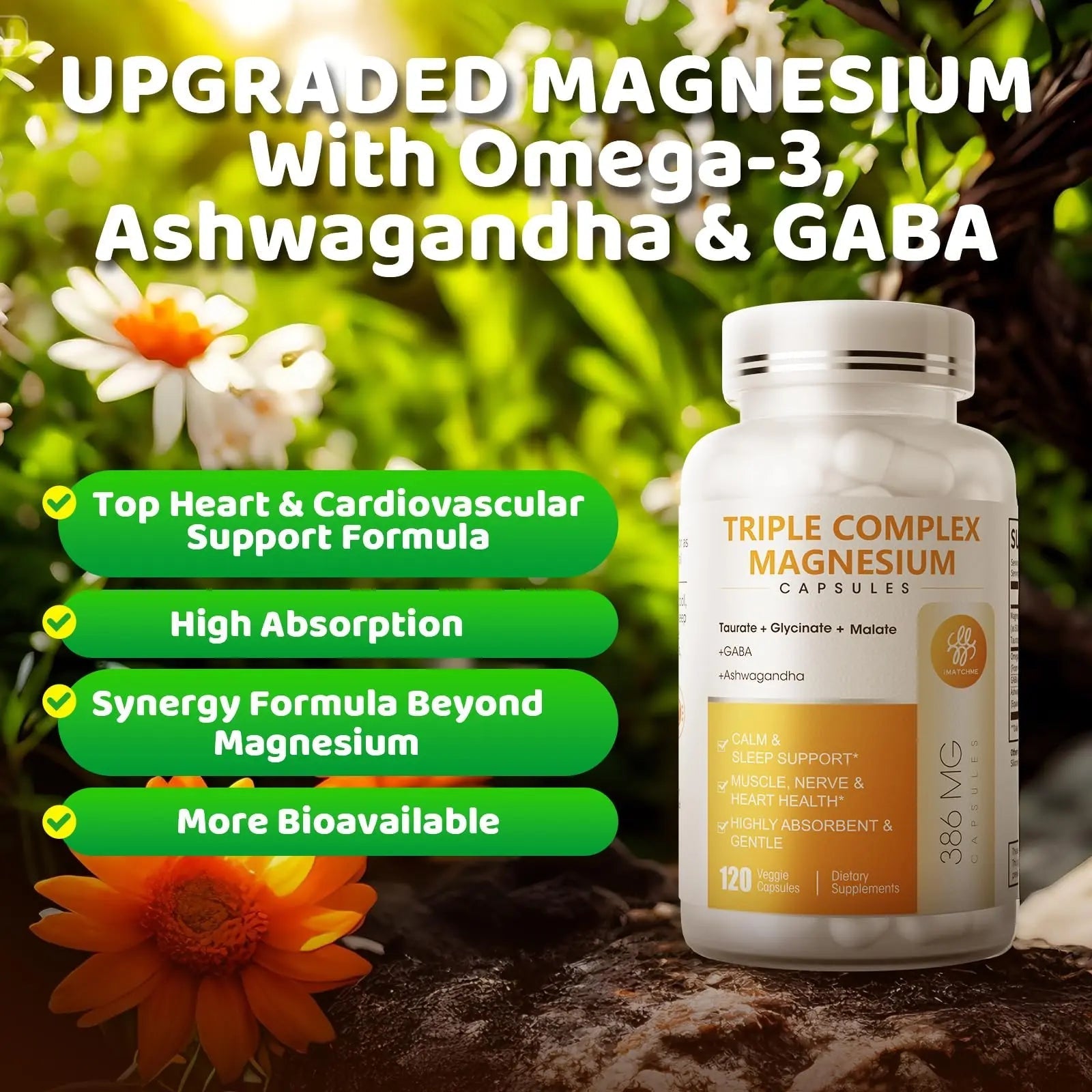 Triple Magnesium Complex - Magnesium Glycinate, Taurate & Malate Supplement with Omega3, Ashwagandha, GABA for Sleep, Brain Heart & Muscle Support - High Absorption and Gentle, Vegan, 120 Capsules - TrustMedUSA