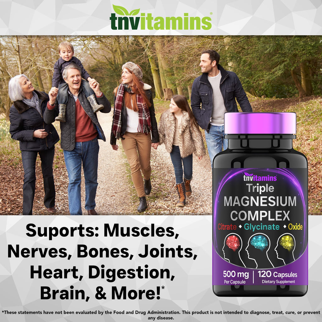 Triple Magnesium Complex Supplement 500mg: Magnesium Glycinate, Citrate, & Oxide - 120 Capsules (4 Month Supply!) | 1 Capsule Serving Provides 125% Daily Value | Non-GMO, Made in The USA! - Maple Wellness Supplements
