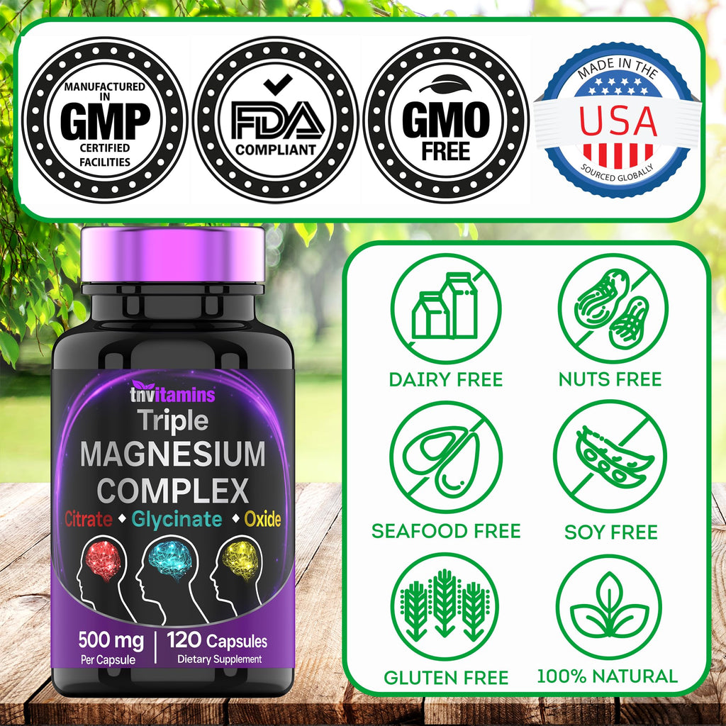 Triple Magnesium Complex Supplement 500mg: Magnesium Glycinate, Citrate, & Oxide - 120 Capsules (4 Month Supply!) | 1 Capsule Serving Provides 125% Daily Value | Non-GMO, Made in The USA! - Maple Wellness Supplements