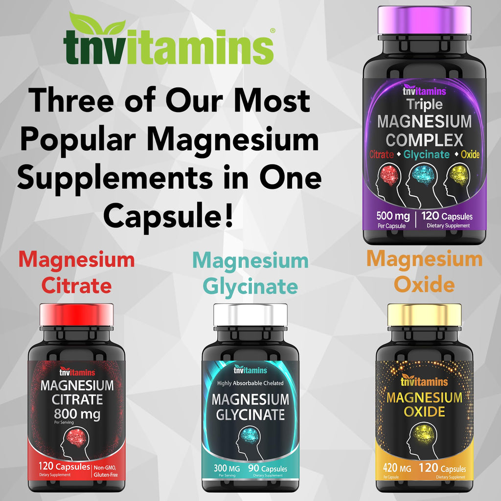 Triple Magnesium Complex Supplement 500mg: Magnesium Glycinate, Citrate, & Oxide - 120 Capsules (4 Month Supply!) | 1 Capsule Serving Provides 125% Daily Value | Non-GMO, Made in The USA! - Maple Wellness Supplements