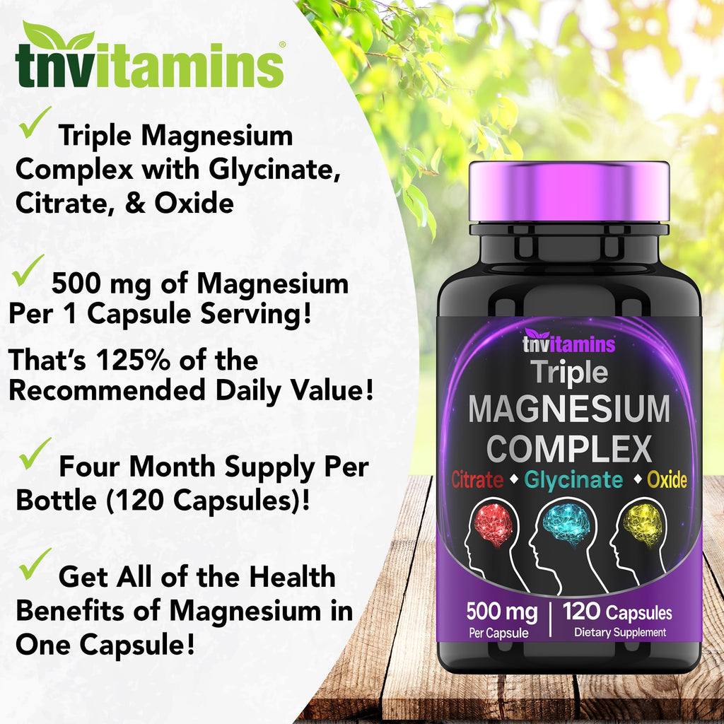 Triple Magnesium Complex Supplement 500mg: Magnesium Glycinate, Citrate, & Oxide - 120 Capsules (4 Month Supply!) | 1 Capsule Serving Provides 125% Daily Value | Non-GMO, Made in The USA! - Maple Wellness Supplements