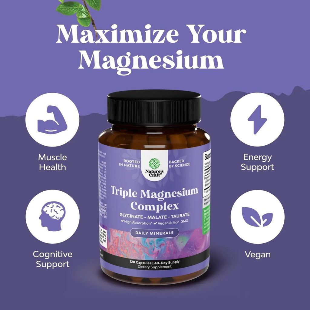 Triple Magnesium Complex Supplement - High Absorption Magnesium Glycinate, Malate & Taurate Blend for Muscles, Energy Support & Heart Health - Triple Mg Complex 400 mg Capsules - 120 Count - TrustMedUSA