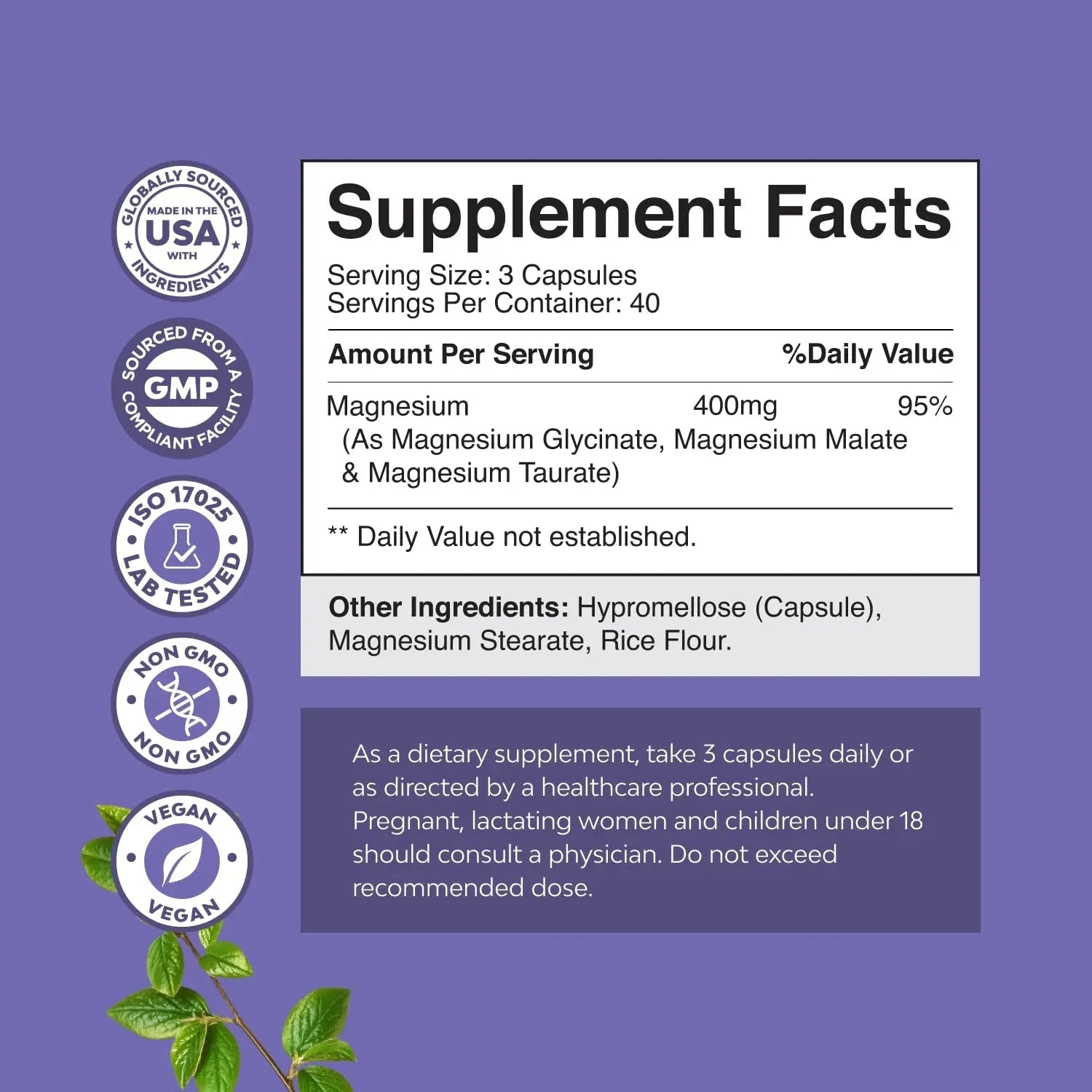 Triple Magnesium Complex Supplement - High Absorption Magnesium Glycinate, Malate & Taurate Blend for Muscles, Energy Support & Heart Health - Triple Mg Complex 400 mg Capsules - 120 Count - TrustMedUSA