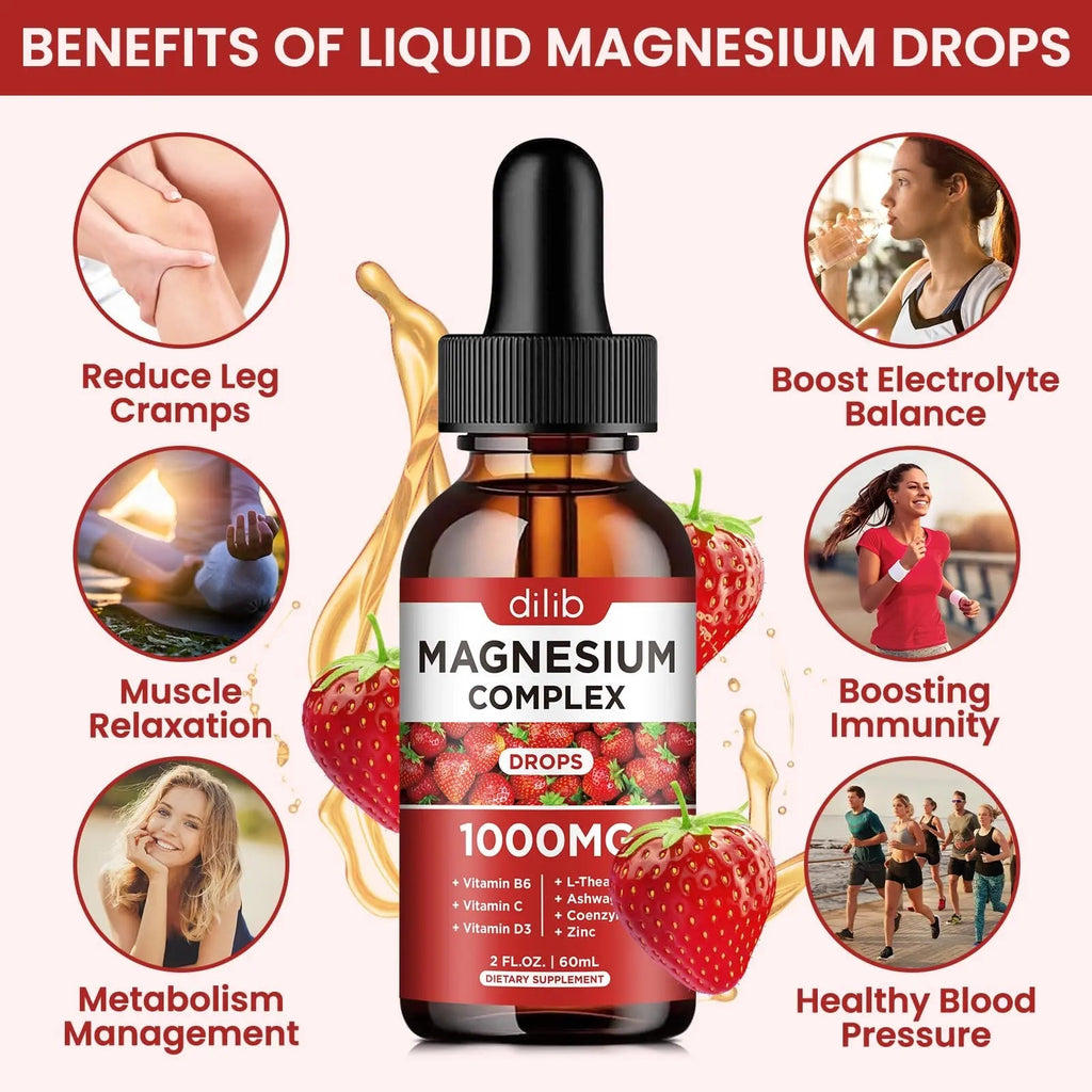 Triple Magnesium Complex Supplement, Magnesium Glycinate, Blend, Citrate Liquid Drops 1000mg with Ashwagandha, CoQ10, Vitamin B6, C, D, Zinc -Support Calm Stress Relief, Bone, Muscle, Mood Vegan - TrustMedUSA