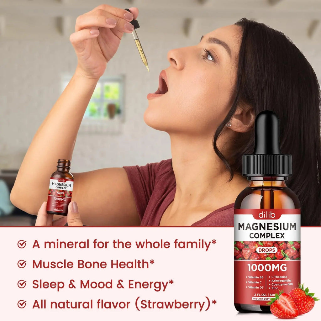 Triple Magnesium Complex Supplement, Magnesium Glycinate, Blend, Citrate Liquid Drops 1000mg with Ashwagandha, CoQ10, Vitamin B6, C, D, Zinc -Support Calm Stress Relief, Bone, Muscle, Mood Vegan - TrustMedUSA