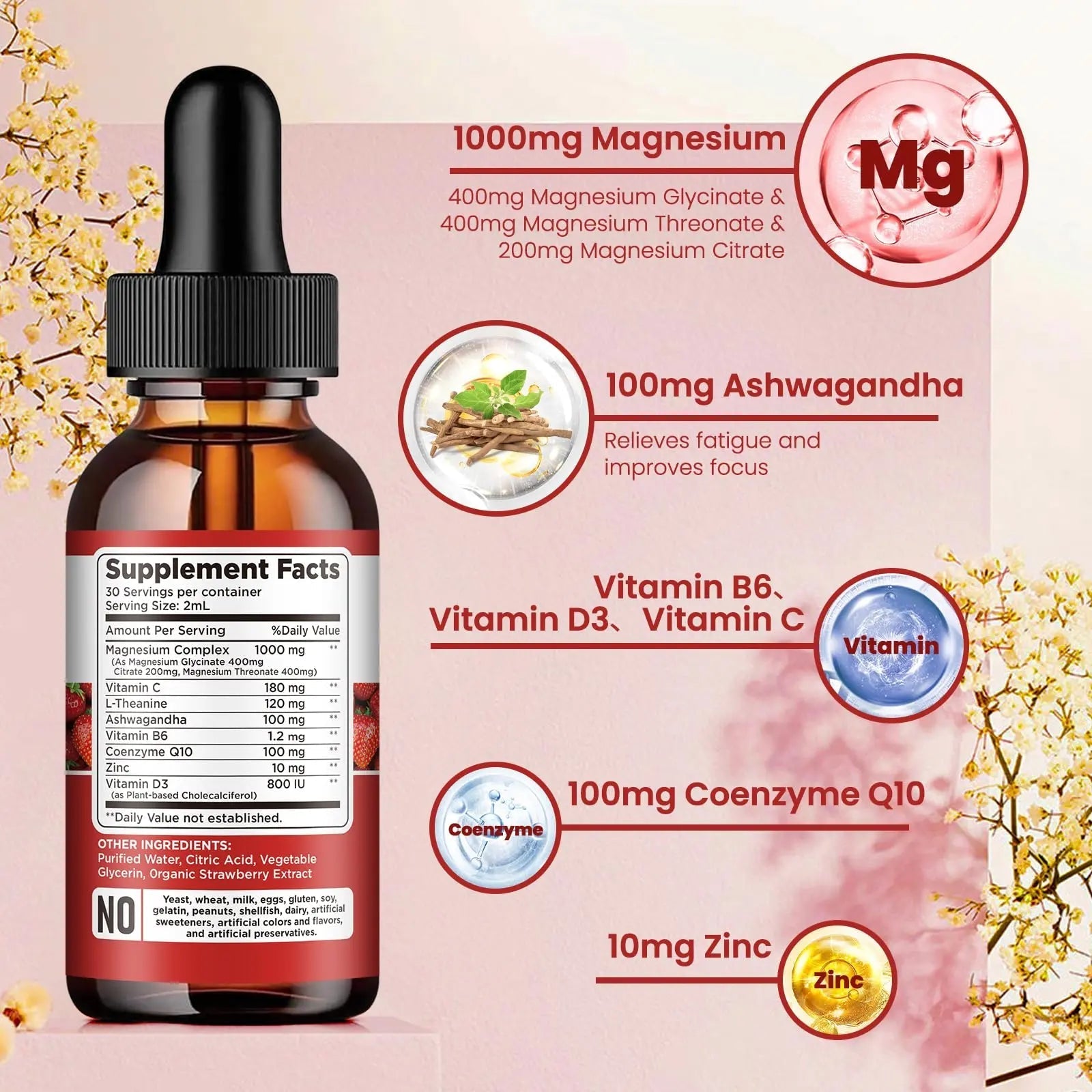 Triple Magnesium Complex Supplement, Magnesium Glycinate, Blend, Citrate Liquid Drops 1000mg with Ashwagandha, CoQ10, Vitamin B6, C, D, Zinc -Support Calm Stress Relief, Bone, Muscle, Mood Vegan - TrustMedUSA