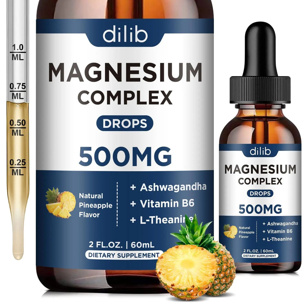 Triple Magnesium Complex Supplement-Magnesium Glycinate, Citrate, Malate Liquid Drops 500mg with Ashwagandha, L-Theanine, Vitamin B6 for Calm, Stress Relief, Sleep, Muscle Support-Pineapple Flavor - TrustMedUSA