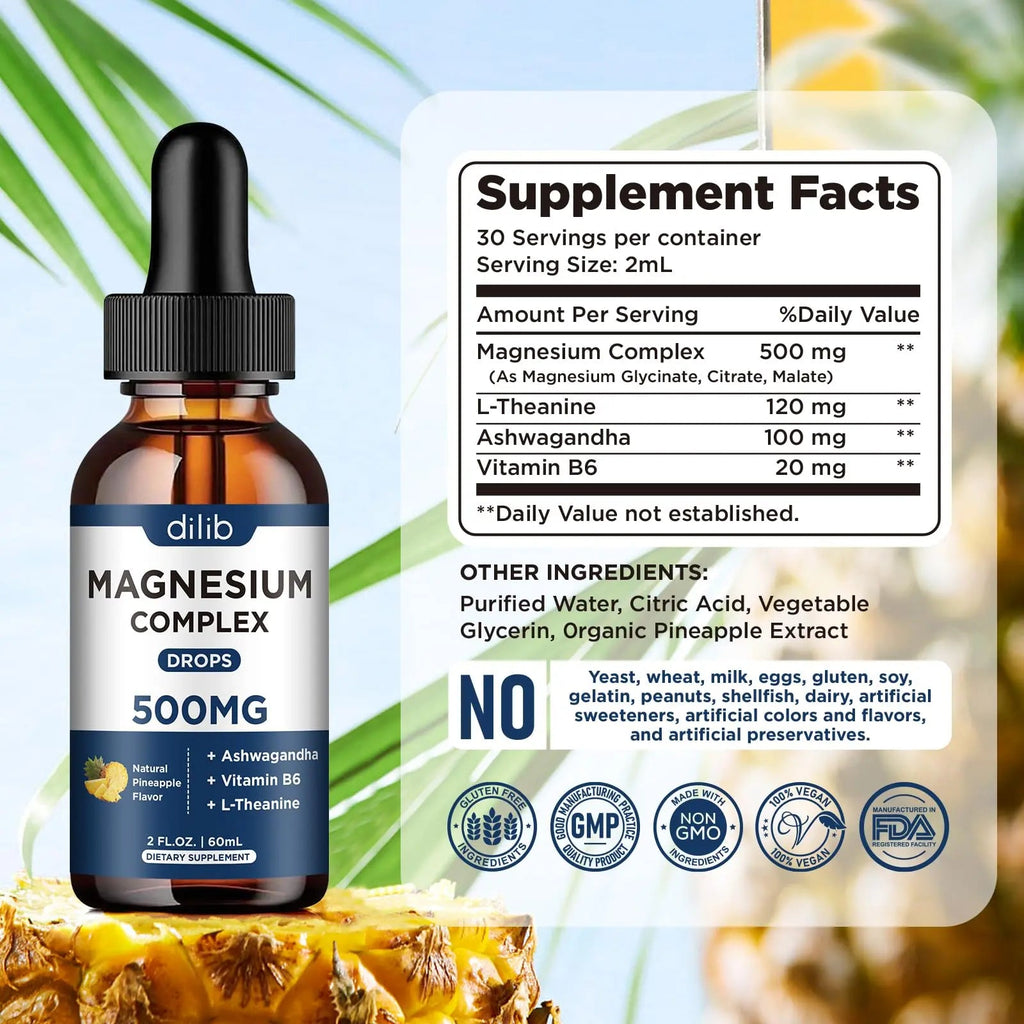 Triple Magnesium Complex Supplement-Magnesium Glycinate, Citrate, Malate Liquid Drops 500mg with Ashwagandha, L-Theanine, Vitamin B6 for Calm, Stress Relief, Sleep, Muscle Support-Pineapple Flavor - TrustMedUSA