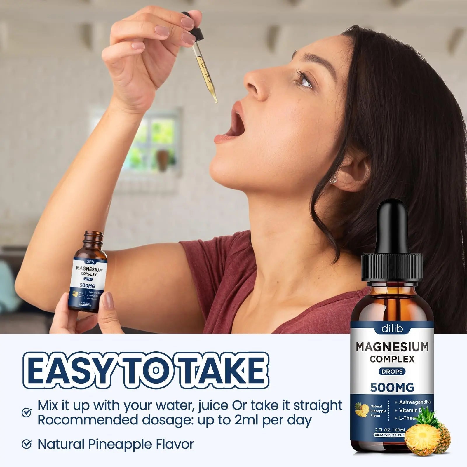 Triple Magnesium Complex Supplement-Magnesium Glycinate, Citrate, Malate Liquid Drops 500mg with Ashwagandha, L-Theanine, Vitamin B6 for Calm, Stress Relief, Sleep, Muscle Support-Pineapple Flavor - TrustMedUSA