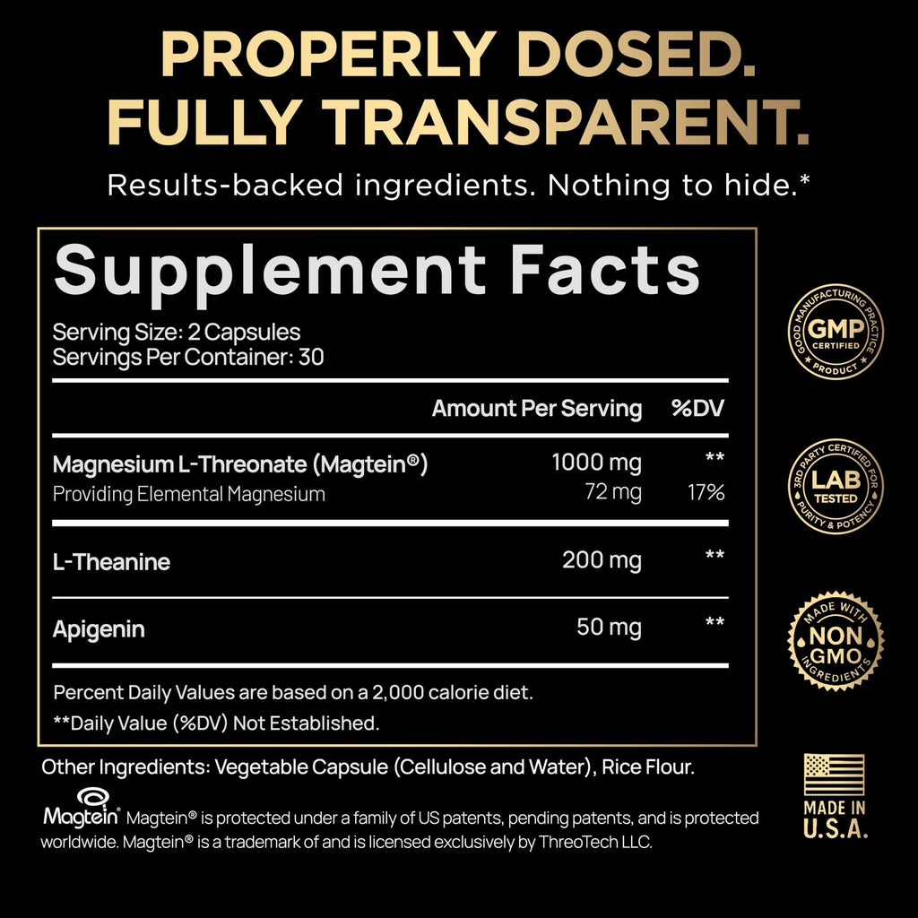 Triple Sleep Magnesium L-Threonate w. Apigenin, Theanine & Magtein Magnesium L Threonate - High Absorption Magnesium Supplement Capsules - TrustMedUSA
