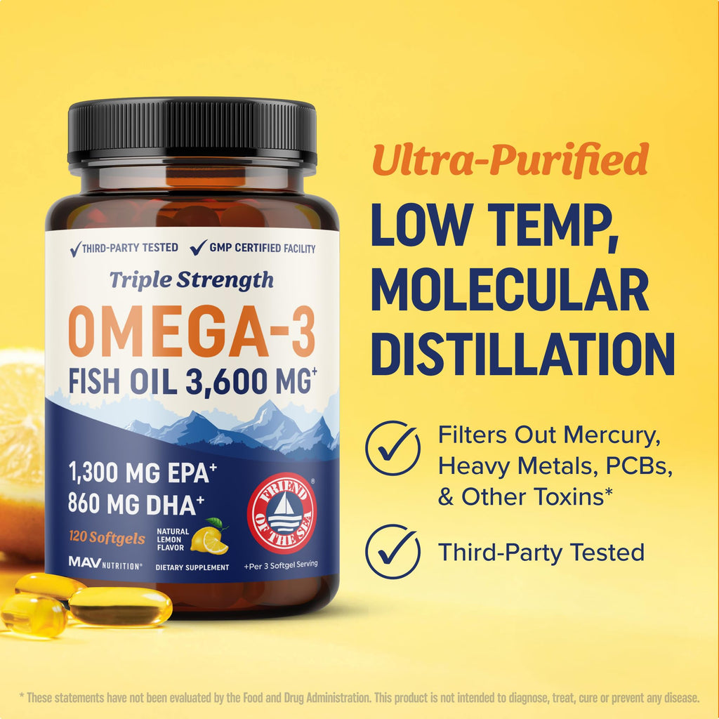 Triple Strength DHA Omega 3 Fish Oil 3600 mg | Over 2100mg Omega-3 Fatty Acids with 860mg of DHA | 1300mg EPA | Best Essential Fatty Acids - TrustMedUSA