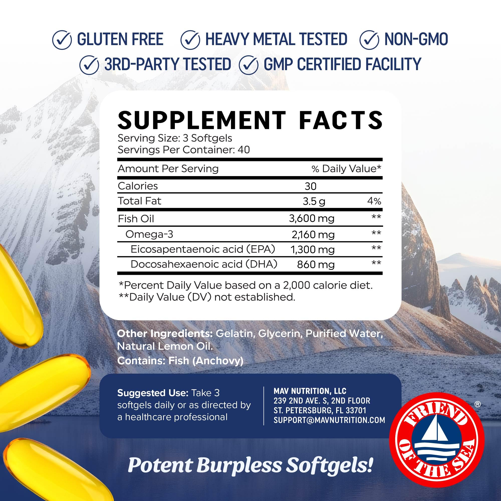 Triple Strength DHA Omega 3 Fish Oil 3600 mg | Over 2100mg Omega-3 Fatty Acids with 860mg of DHA | 1300mg EPA | Best Essential Fatty Acids - TrustMedUSA
