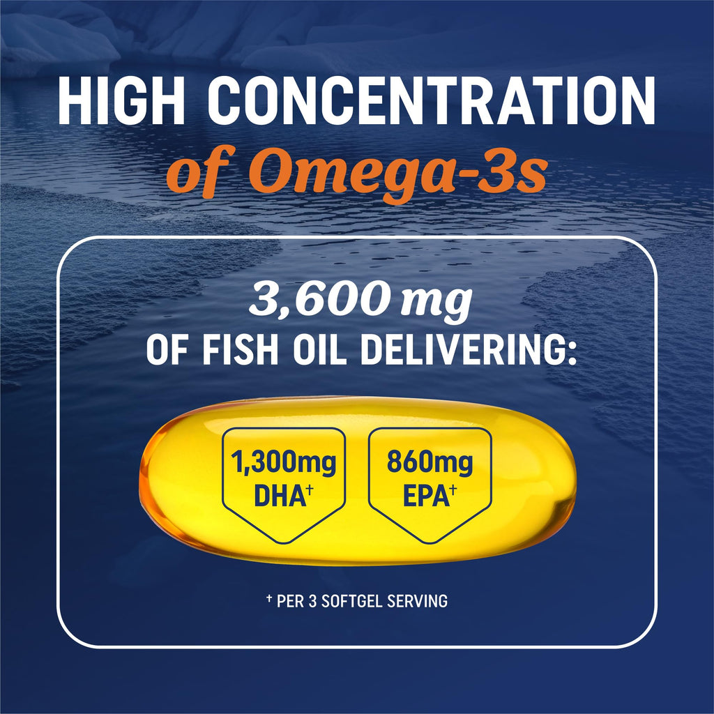 Triple Strength DHA Omega 3 Fish Oil 3600 mg | Over 2100mg Omega-3 Fatty Acids with 860mg of DHA | 1300mg EPA | Best Essential Fatty Acids - TrustMedUSA