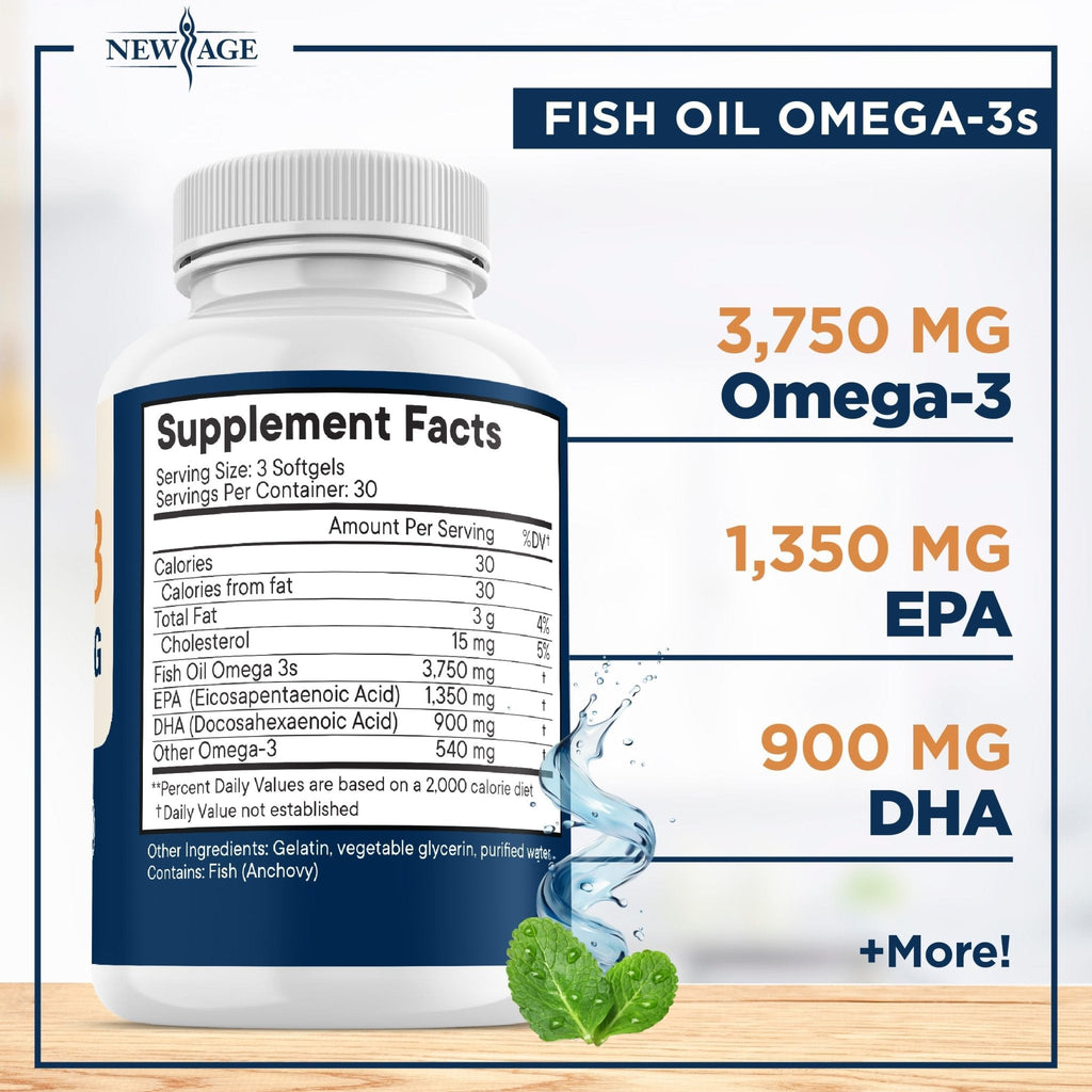 Triple Strength Omega 3 Fish Oil 3750 mg - EPA & DHA - Over 3000mg Omega-3 Fatty Acids - 1350mg EPA + 900mg DHA - Best Essential Fatty Acids, Burpless Fish Oil - 180 Count - Maple Wellness Supplements