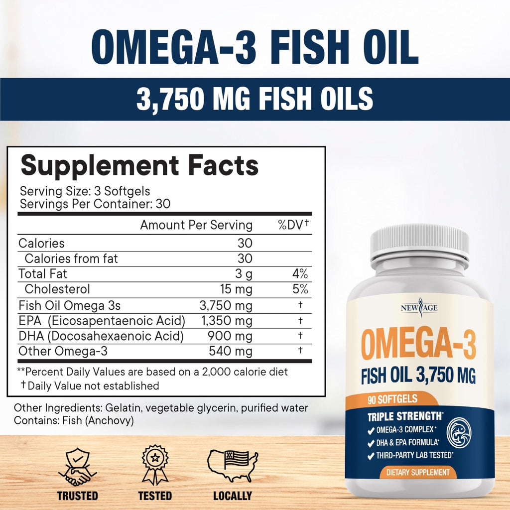 Triple Strength Omega 3 Fish Oil 3750 mg - EPA & DHA - Over 3000mg Omega-3 Fatty Acids - 1350mg EPA + 900mg DHA - Best Essential Fatty Acids, Burpless Fish Oil - 180 Count - Maple Wellness Supplements