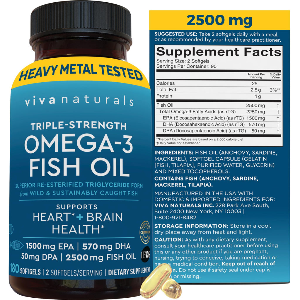 Triple Strength Omega 3 Fish Oil Supplement for Men and Women – 2500 mg High-Potency, Easy-to-Absorb Re-esterified Triglyceride Form, Pescatarian-Friendly DPA EPA DHA Omega 3 Supplement, 180 Softgels - Maple Wellness Supplements