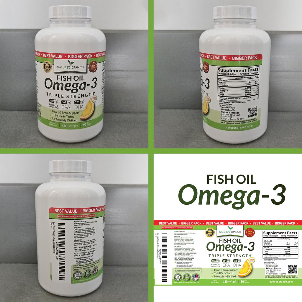 Triple Strength Omega 3 Fish Oil Supplements 2400mg | 180 Capsules, Burpless High Potency Lemon Flavor, High EPA DHA for Men & Women Ultra Pure Softgels - TrustMedUSA