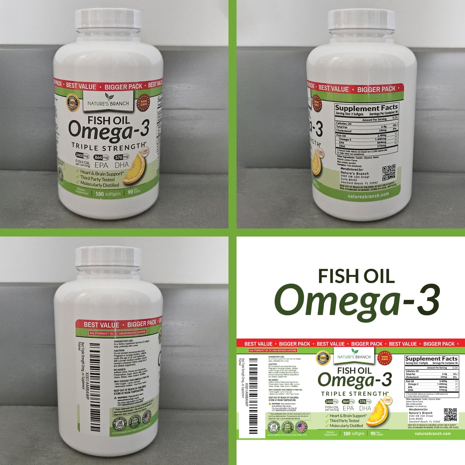 Triple Strength Omega 3 Fish Oil Supplements 2400mg | 180 Capsules, Burpless High Potency Lemon Flavor, High EPA DHA for Men & Women Ultra Pure Softgels - TrustMedUSA