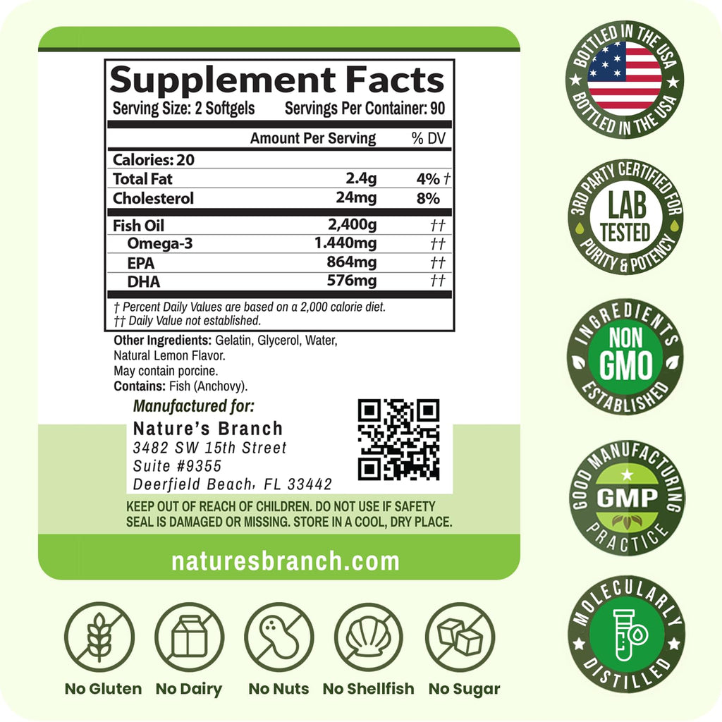 Triple Strength Omega 3 Fish Oil Supplements 2400mg | 180 Capsules, Burpless High Potency Lemon Flavor, High EPA DHA for Men & Women Ultra Pure Softgels - TrustMedUSA