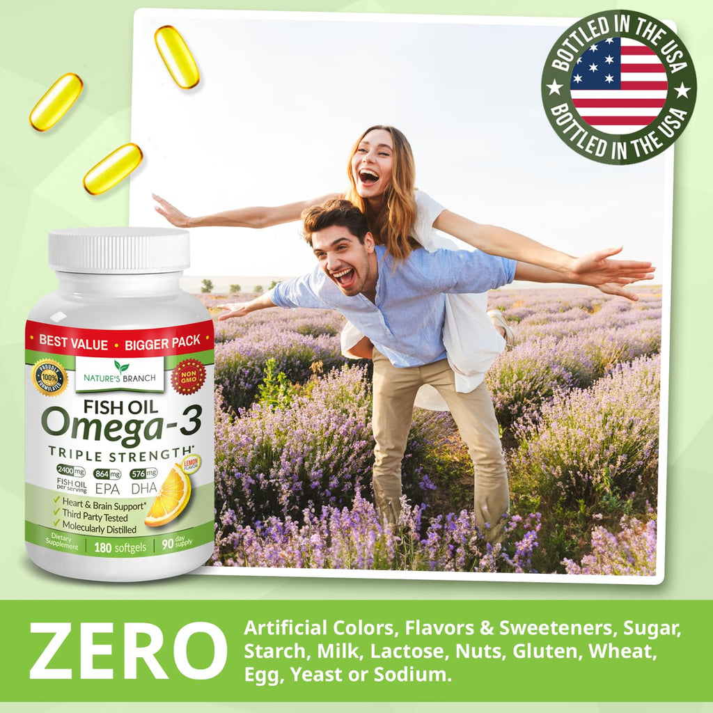 Triple Strength Omega 3 Fish Oil Supplements 2400mg | 180 Capsules, Burpless High Potency Lemon Flavor, High EPA DHA for Men & Women Ultra Pure Softgels - TrustMedUSA