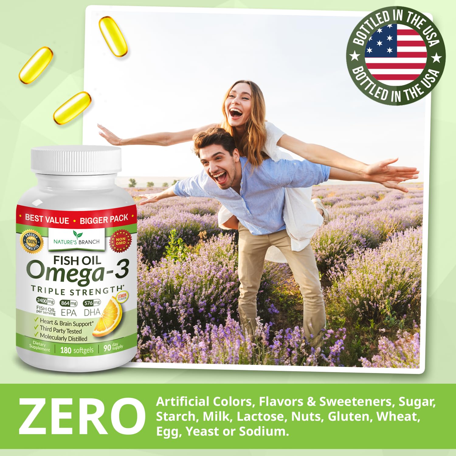 Triple Strength Omega 3 Fish Oil Supplements 2400mg | 180 Capsules, Burpless High Potency Lemon Flavor, High EPA DHA for Men & Women Ultra Pure Softgels - TrustMedUSA