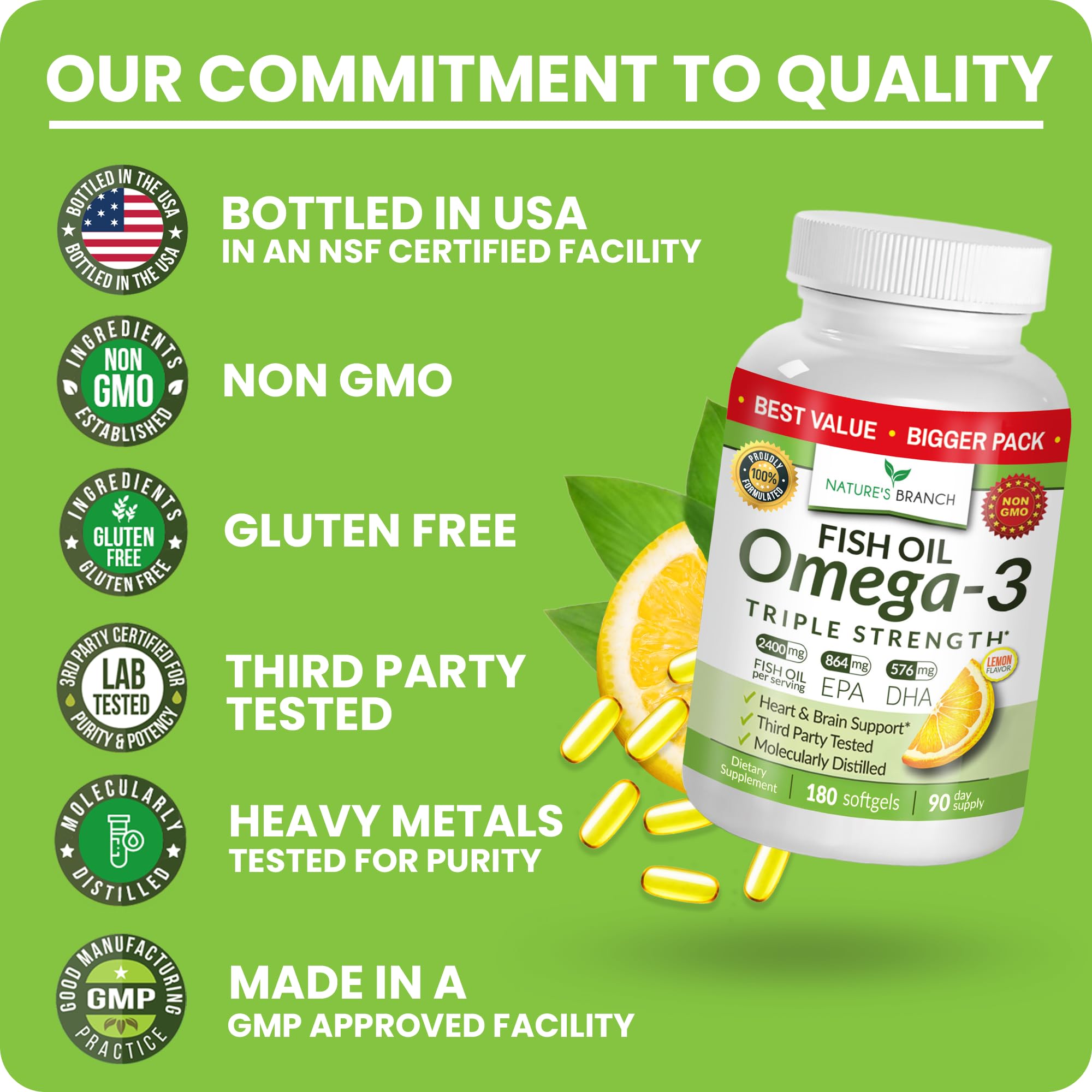 Triple Strength Omega 3 Fish Oil Supplements 2400mg | 180 Capsules, Burpless High Potency Lemon Flavor, High EPA DHA for Men & Women Ultra Pure Softgels - TrustMedUSA