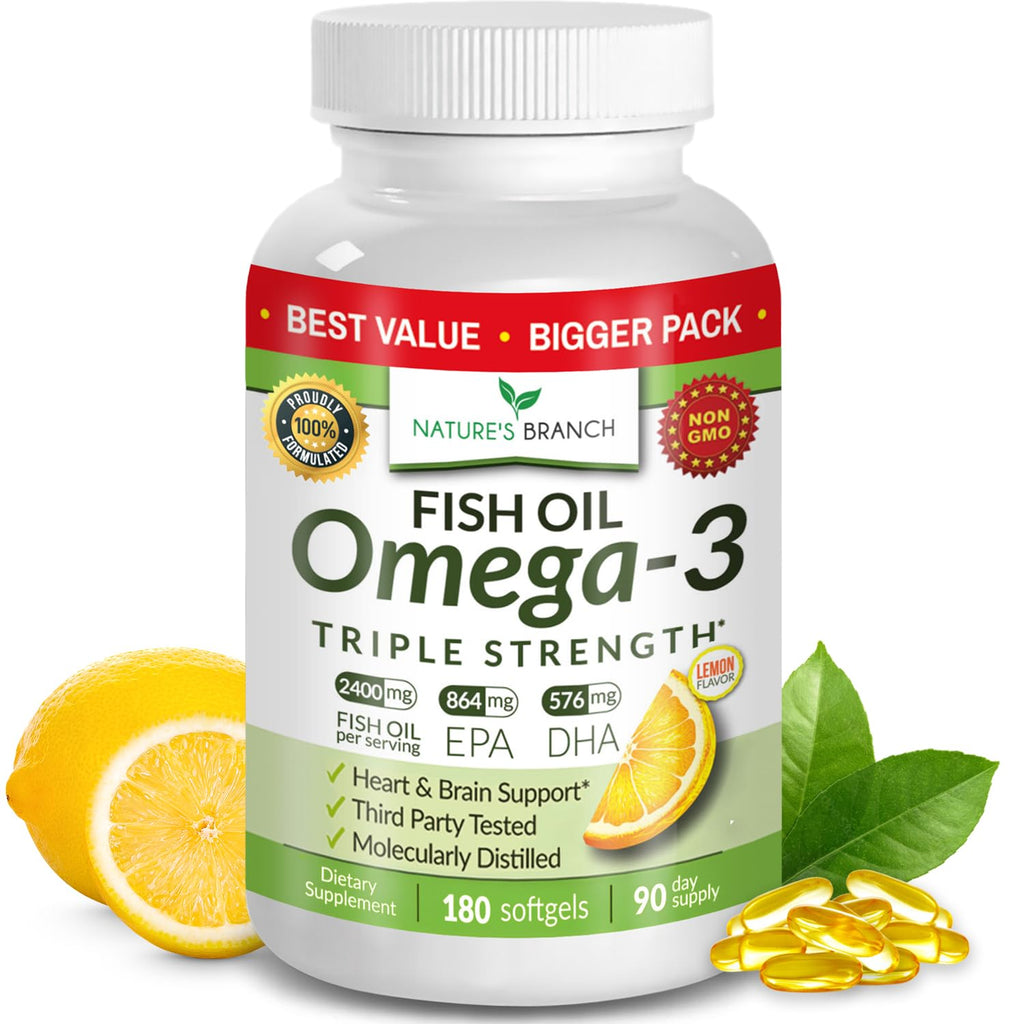 Triple Strength Omega 3 Fish Oil Supplements 2400mg | 180 Capsules, Burpless High Potency Lemon Flavor, High EPA DHA for Men & Women Ultra Pure Softgels - TrustMedUSA