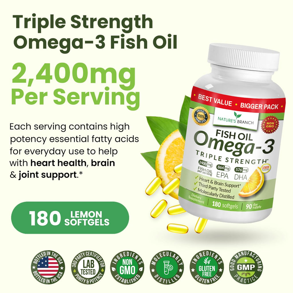 Triple Strength Omega 3 Fish Oil Supplements 2400mg | 180 Capsules, Burpless High Potency Lemon Flavor, High EPA DHA for Men & Women Ultra Pure Softgels - TrustMedUSA