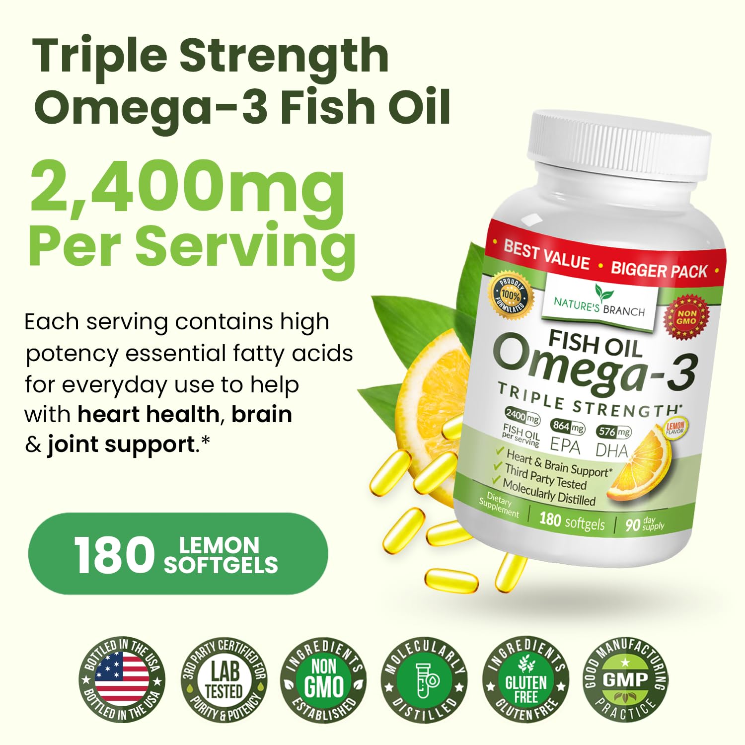 Triple Strength Omega 3 Fish Oil Supplements 2400mg | 180 Capsules, Burpless High Potency Lemon Flavor, High EPA DHA for Men & Women Ultra Pure Softgels - TrustMedUSA