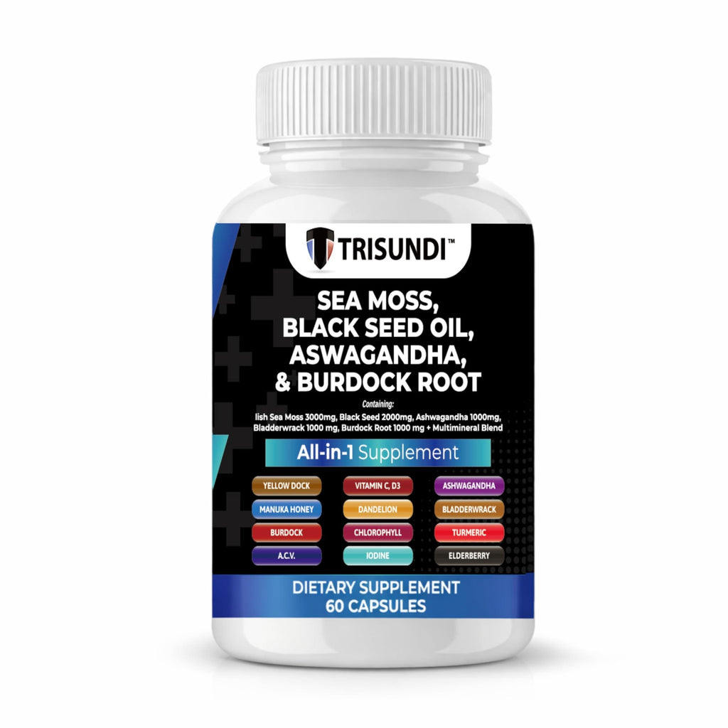 Trisundi Sea Moss Complex with Black Seed Oil, Ashwagandha & Burdock Root – All-in-One Herbal Supplement with Vitamins & Minerals – 60 Capsules - TrustMedUSA