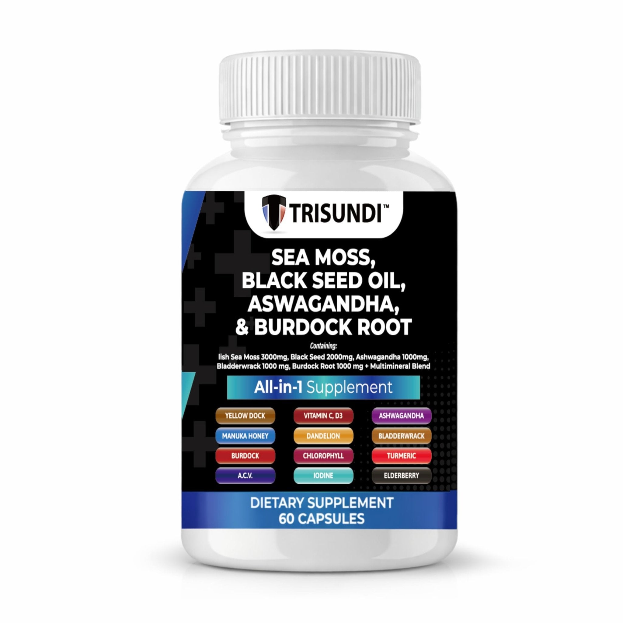 Trisundi Sea Moss Complex with Black Seed Oil, Ashwagandha & Burdock Root – All-in-One Herbal Supplement with Vitamins & Minerals – 60 Capsules - TrustMedUSA