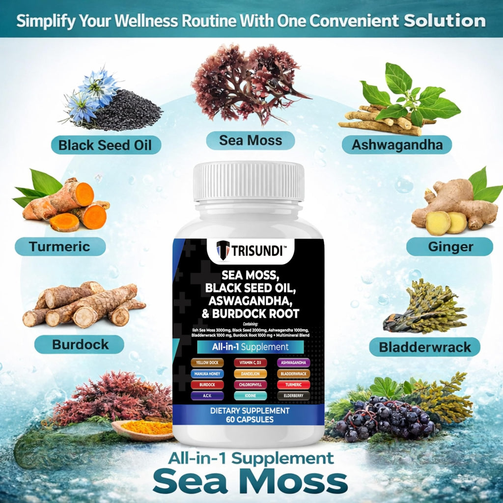 Trisundi Sea Moss Complex with Black Seed Oil, Ashwagandha & Burdock Root – All-in-One Herbal Supplement with Vitamins & Minerals – 60 Capsules - TrustMedUSA