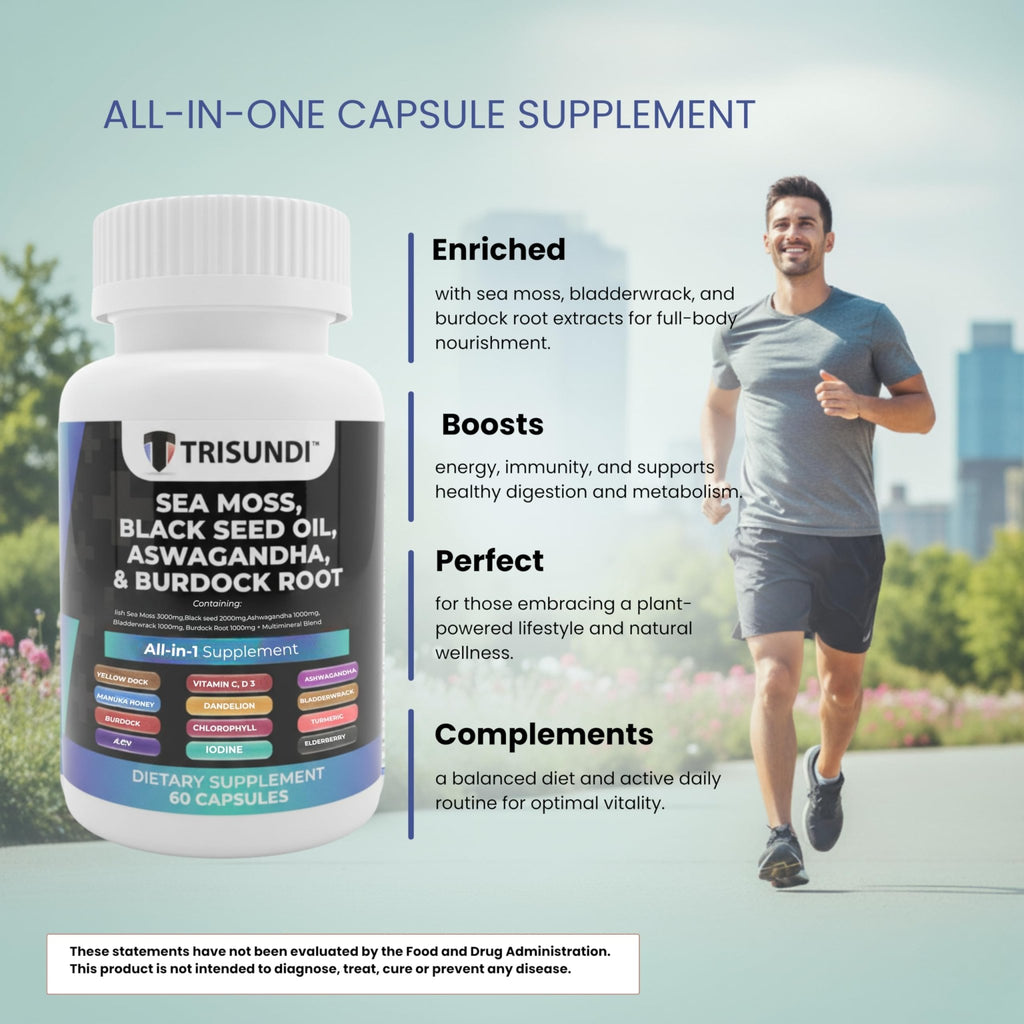 Trisundi Sea Moss Complex with Black Seed Oil, Ashwagandha & Burdock Root – All-in-One Herbal Supplement with Vitamins & Minerals – 60 Capsules - TrustMedUSA
