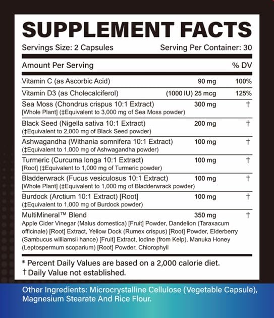 Trisundi Sea Moss Complex with Black Seed Oil, Ashwagandha & Burdock Root – All-in-One Herbal Supplement with Vitamins & Minerals – 60 Capsules - TrustMedUSA