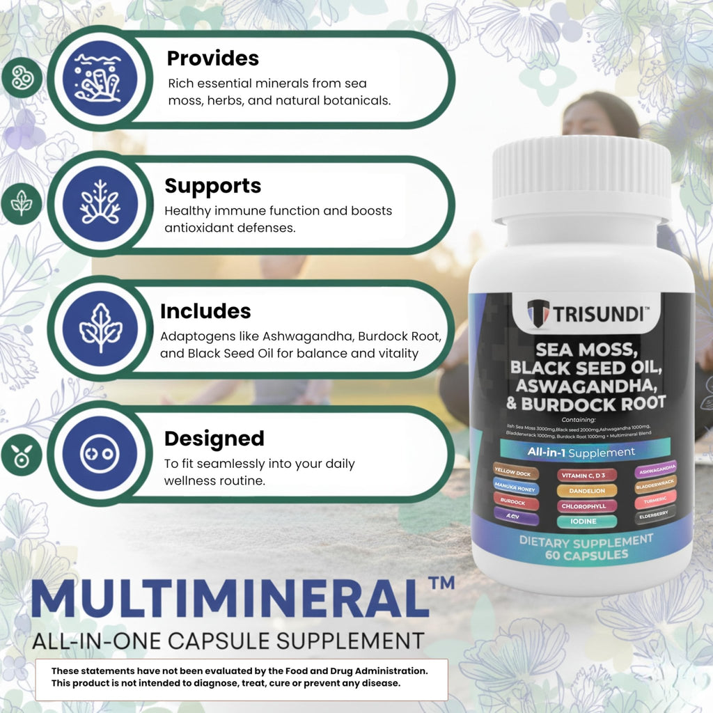 Trisundi Sea Moss Complex with Black Seed Oil, Ashwagandha & Burdock Root – All-in-One Herbal Supplement with Vitamins & Minerals – 60 Capsules - TrustMedUSA