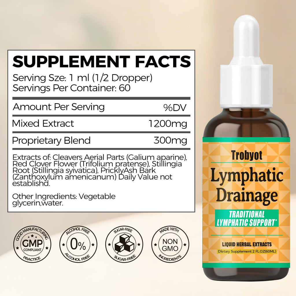 Trobyot Lymphatic Drainage Drops - Features Cleavers (Lymphatic), Prickly Ash Bark (Circulation), Red Clover Flower (Balance) - Immune Support Formula,2fl oz - Maple Wellness Supplements