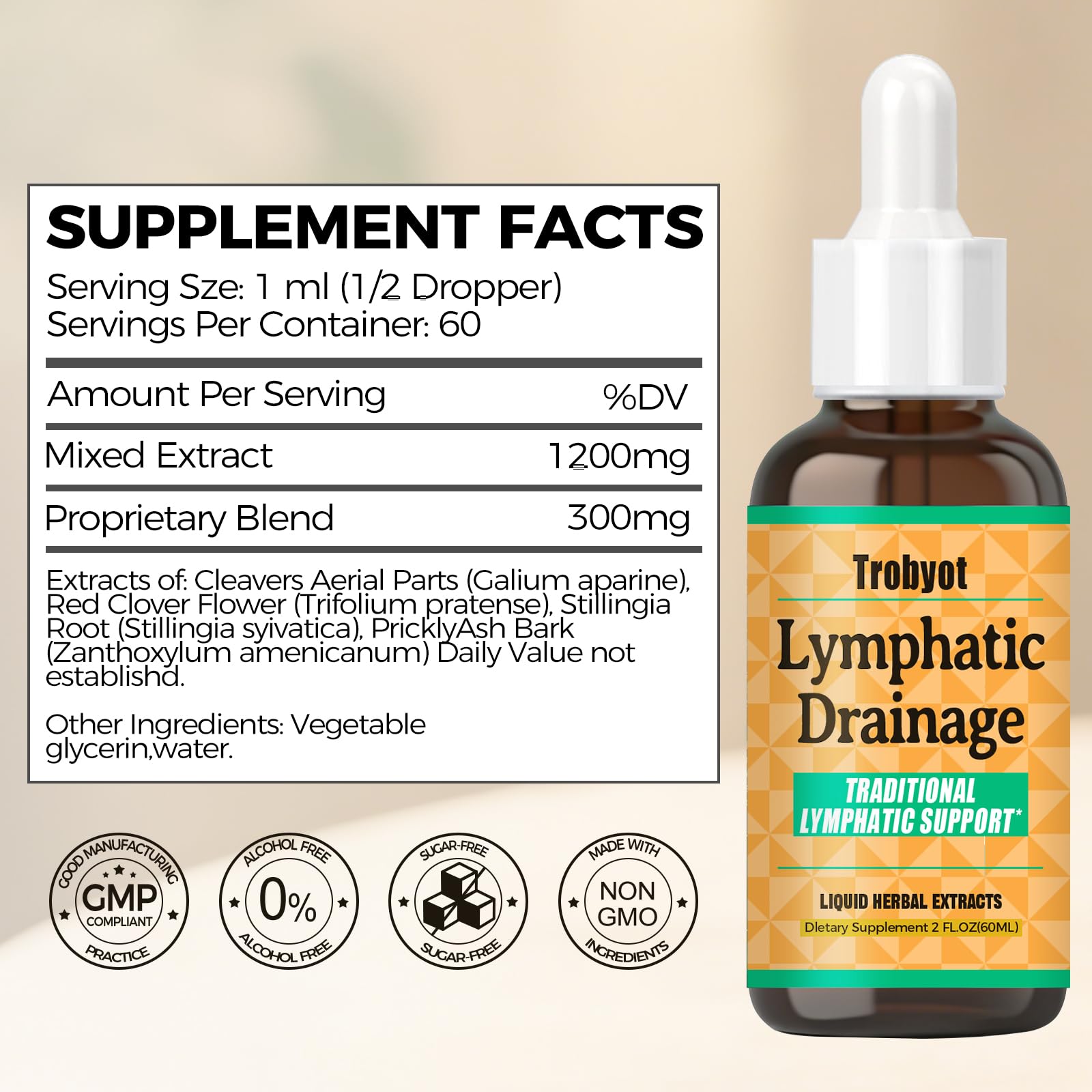 Trobyot Lymphatic Drainage Drops - Features Cleavers (Lymphatic), Prickly Ash Bark (Circulation), Red Clover Flower (Balance) - Immune Support Formula,2fl oz - Maple Wellness Supplements