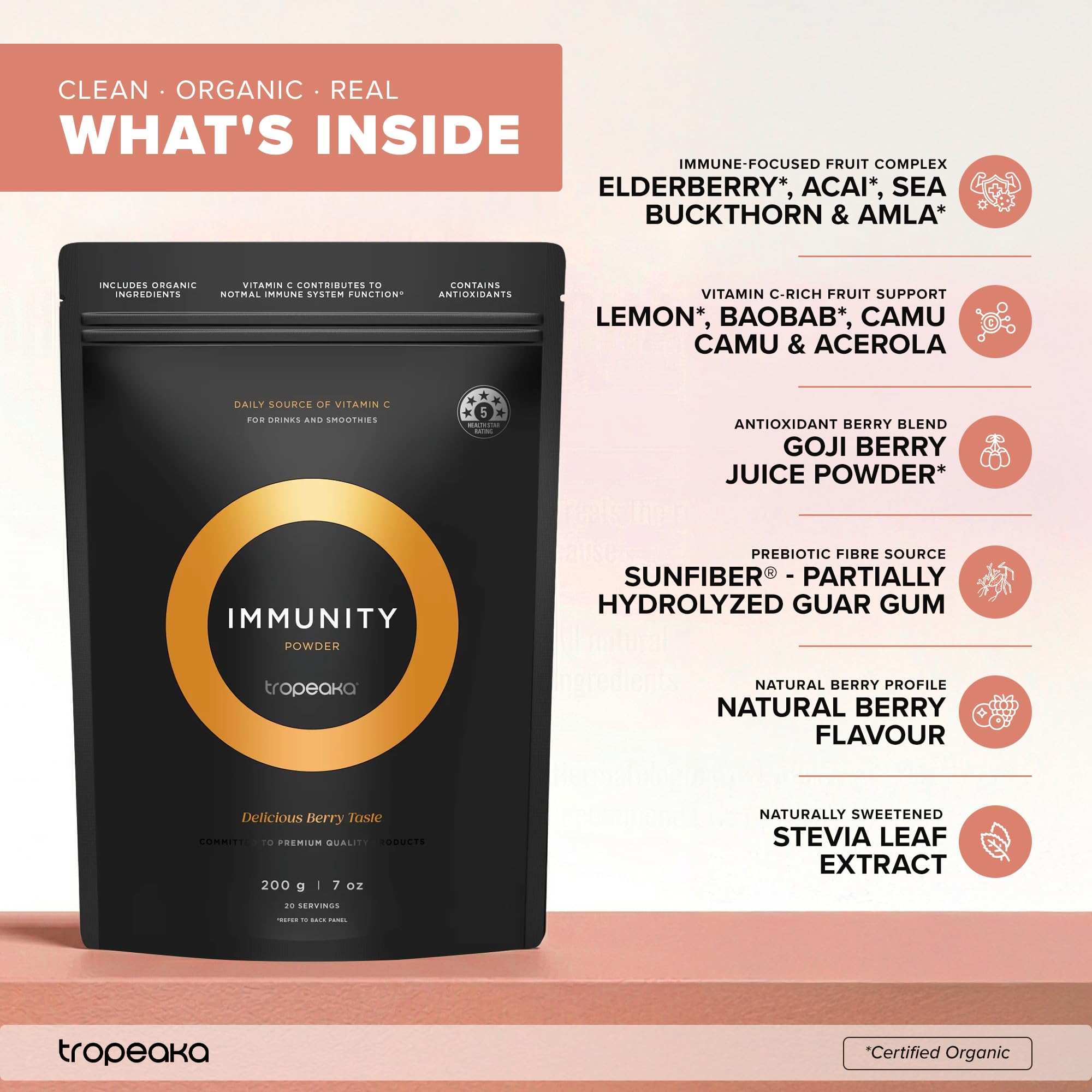 Tropeaka Immunity Powder - Immune Support Supplement, Antioxidant Rich Superfood Powder with Vitamins & Minerals, Boost Energy & Collagen Production - Vegan, Gluten Free, Non-GMO - 7oz (20 Servings) - TrustMedUSA
