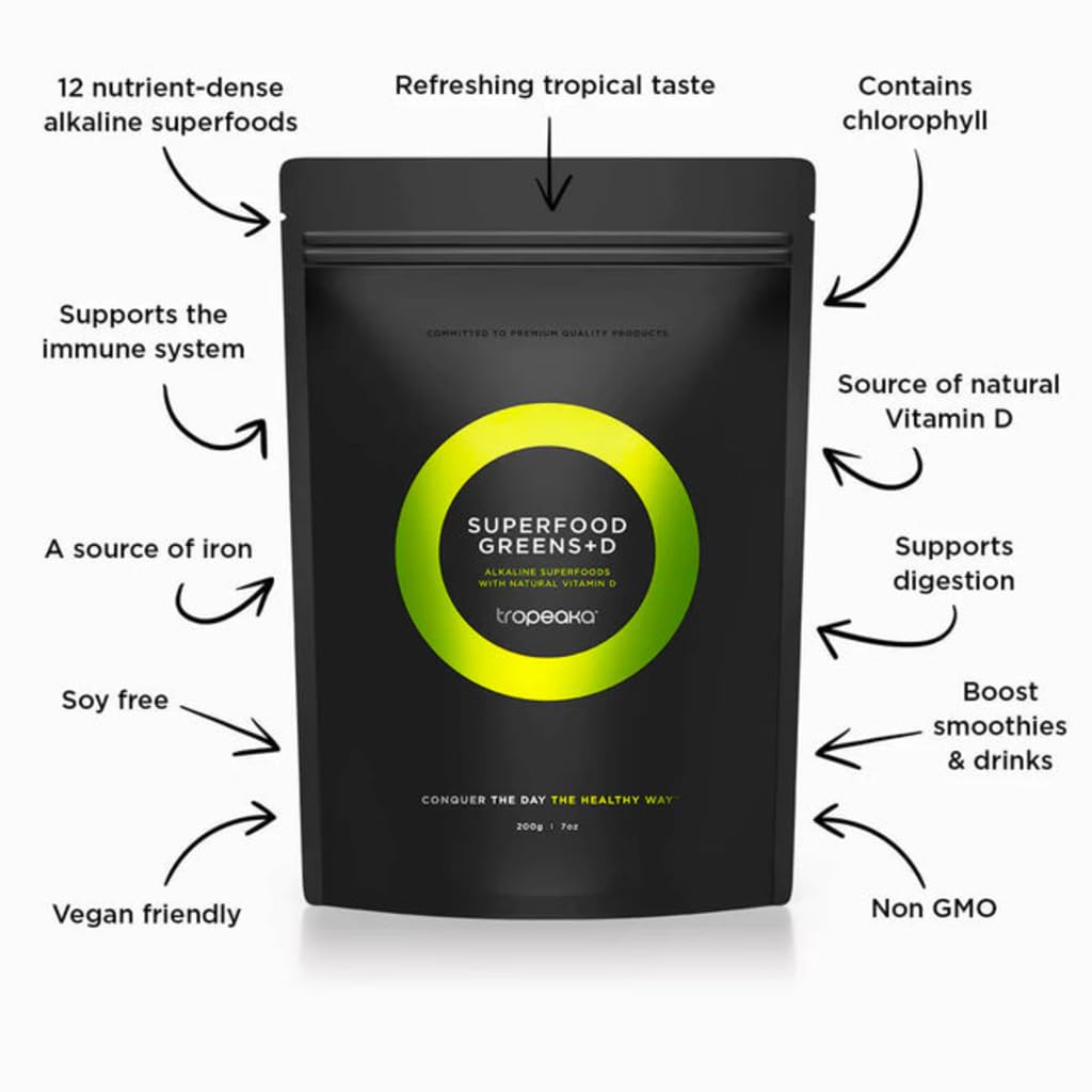 Tropeaka Superfood Greens + D - Antioxidant Green Powder for Energy, Immune System, & Gut Health, Rich in Chlorophyll & Essential Nutrients, Vitamin D, Vegan, Gluten Free, Non-GMO - 7oz (20 Servings) - TrustMedUSA