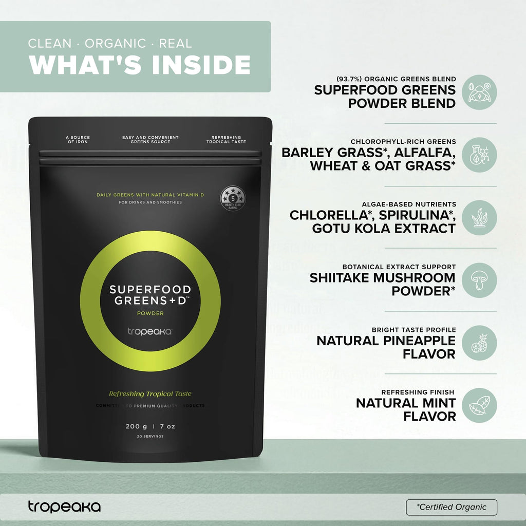 Tropeaka Superfood Greens + D - Antioxidant Green Powder for Energy, Immune System, & Gut Health, Rich in Chlorophyll & Essential Nutrients, Vitamin D, Vegan, Gluten Free, Non-GMO - 7oz (20 Servings) - TrustMedUSA