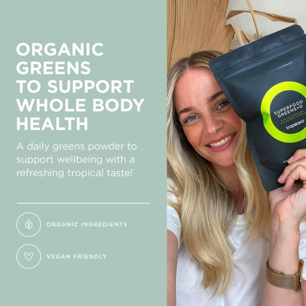 Tropeaka Superfood Greens + D - Antioxidant Green Powder for Energy, Immune System, & Gut Health, Rich in Chlorophyll & Essential Nutrients, Vitamin D, Vegan, Gluten Free, Non-GMO - 7oz (20 Servings) - TrustMedUSA
