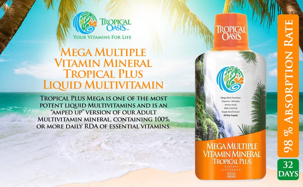 Tropical Oasis Mega Plus - Liquid Multivitamin and Mineral Supplement – Includes 85 Vitamins & Minerals, 20 Amino Acids + CoQ10, Grape Seed Extract & Organic Aloe Vera - 32oz, 32 Servings, 33460 - TrustMedUSA