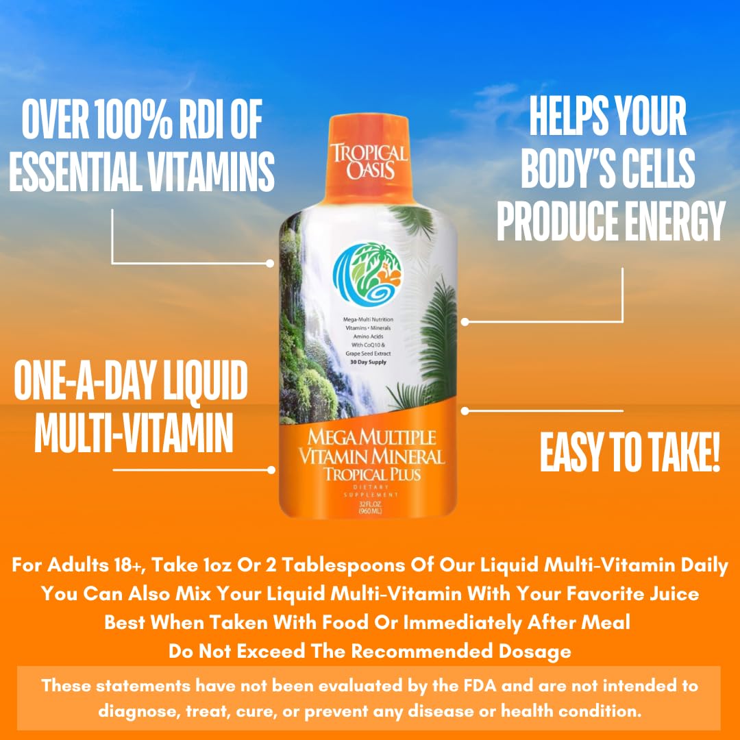 Tropical Oasis Mega Plus - Liquid Multivitamin and Mineral Supplement – Includes 85 Vitamins & Minerals, 20 Amino Acids + CoQ10, Grape Seed Extract & Organic Aloe Vera - 32oz, 32 Servings, 33460 - TrustMedUSA