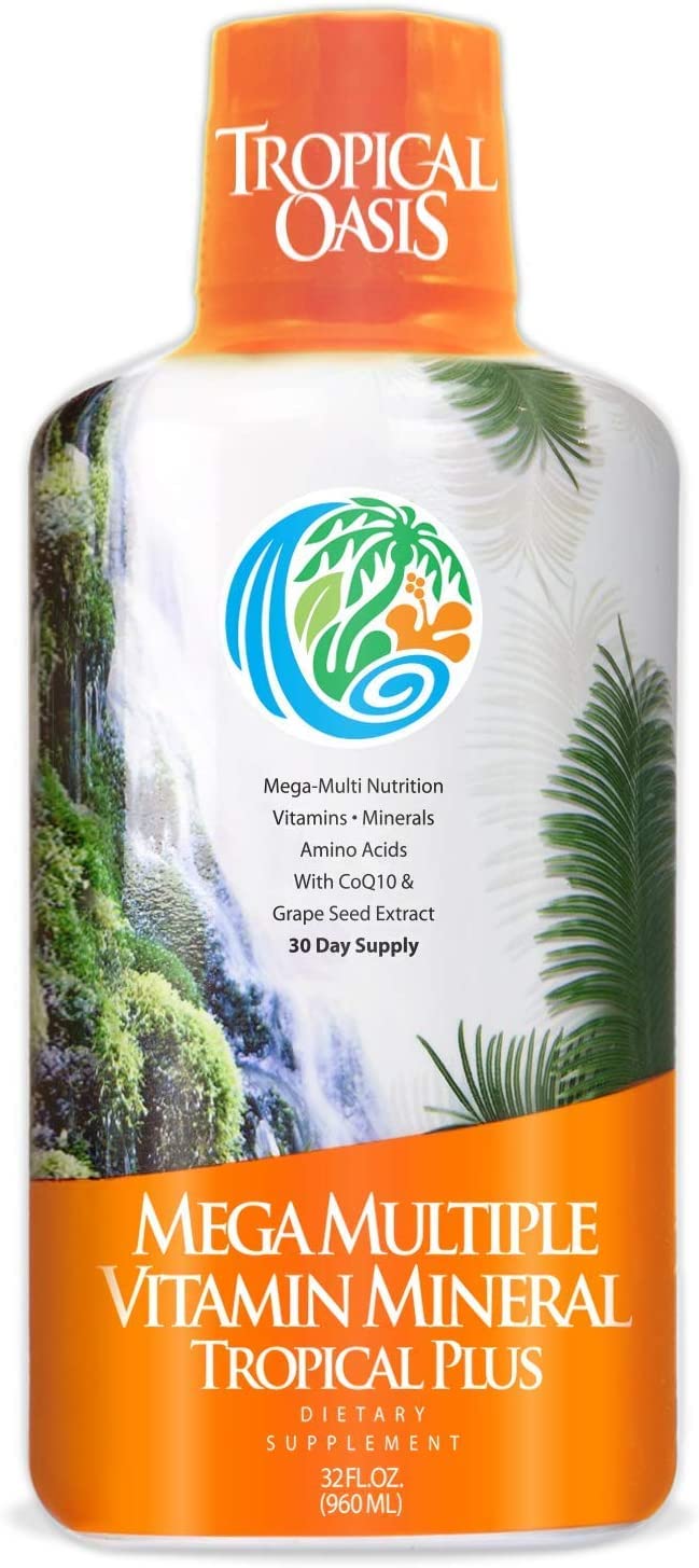 Tropical Oasis Mega Plus - Liquid Multivitamin and Mineral Supplement – Includes 85 Vitamins & Minerals, 20 Amino Acids + CoQ10, Grape Seed Extract & Organic Aloe Vera - 32oz, 32 Servings, 33460 - TrustMedUSA