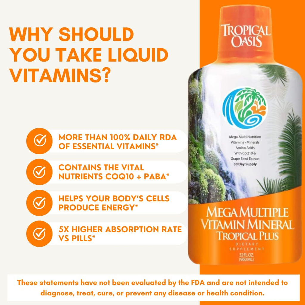 Tropical Oasis Mega Plus - Liquid Multivitamin and Mineral Supplement – Includes 85 Vitamins & Minerals, 20 Amino Acids + CoQ10, Grape Seed Extract & Organic Aloe Vera - 32oz, 32 Servings, 33460 - TrustMedUSA
